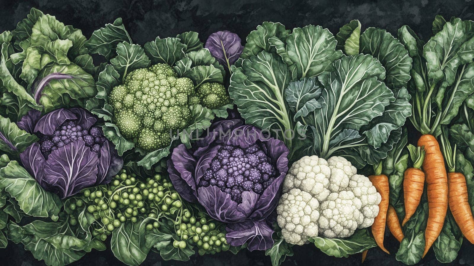 Detailed botanical drawing of vegetable harvest