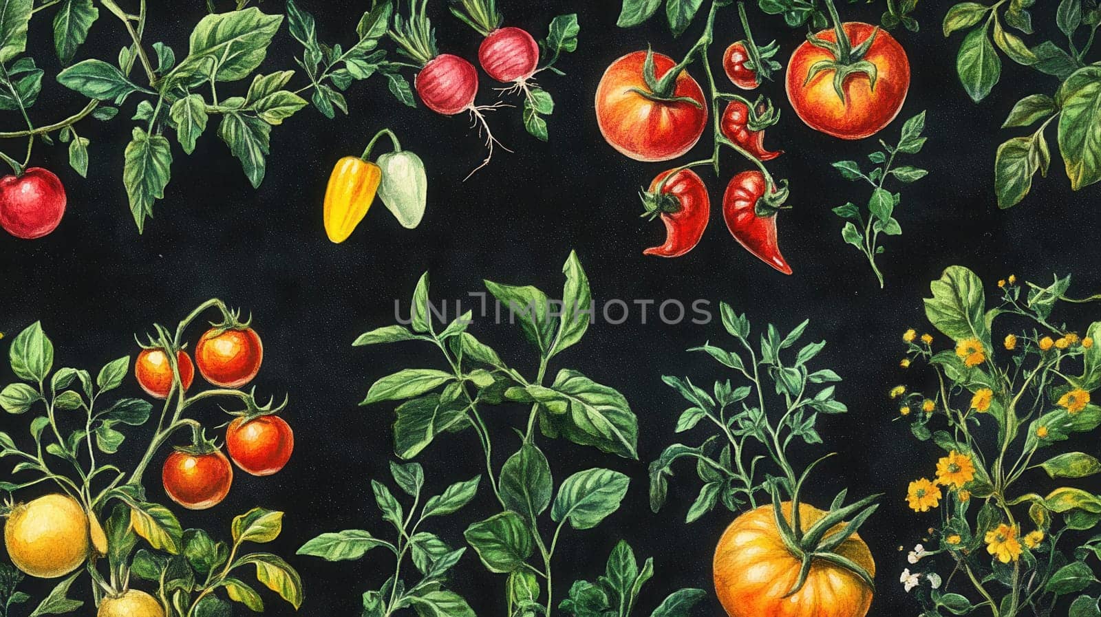 Detailed botanical drawing of vegetable harvest