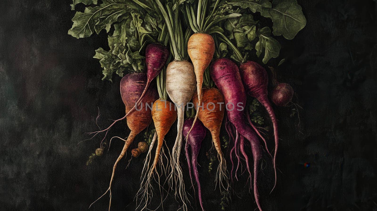 Detailed botanical drawing of vegetable harvest