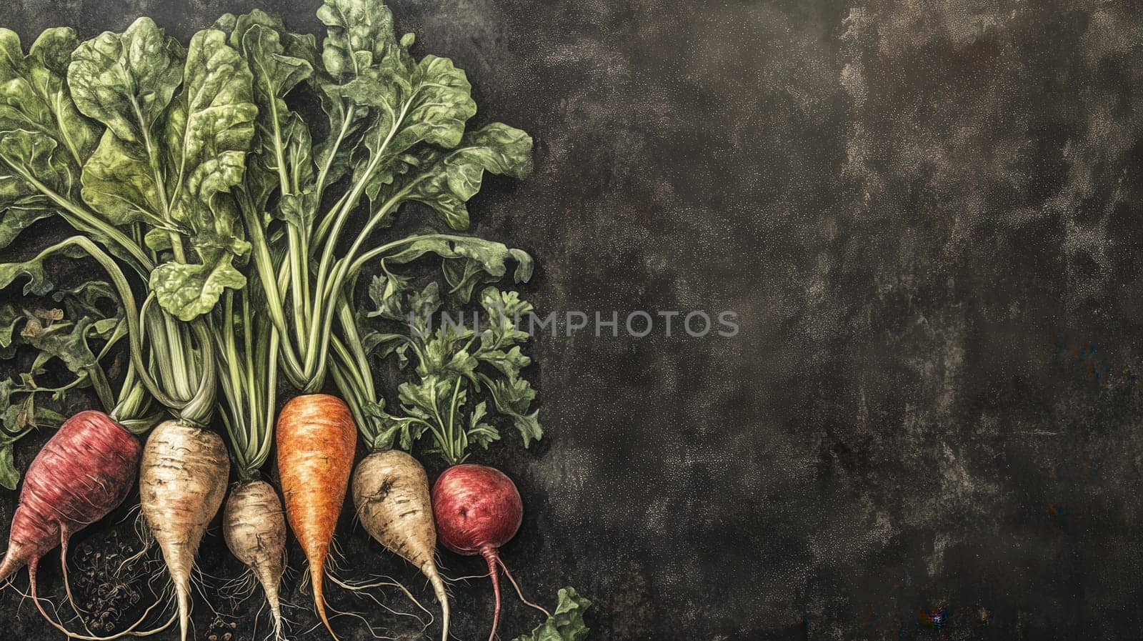 Detailed botanical drawing of vegetable harvest