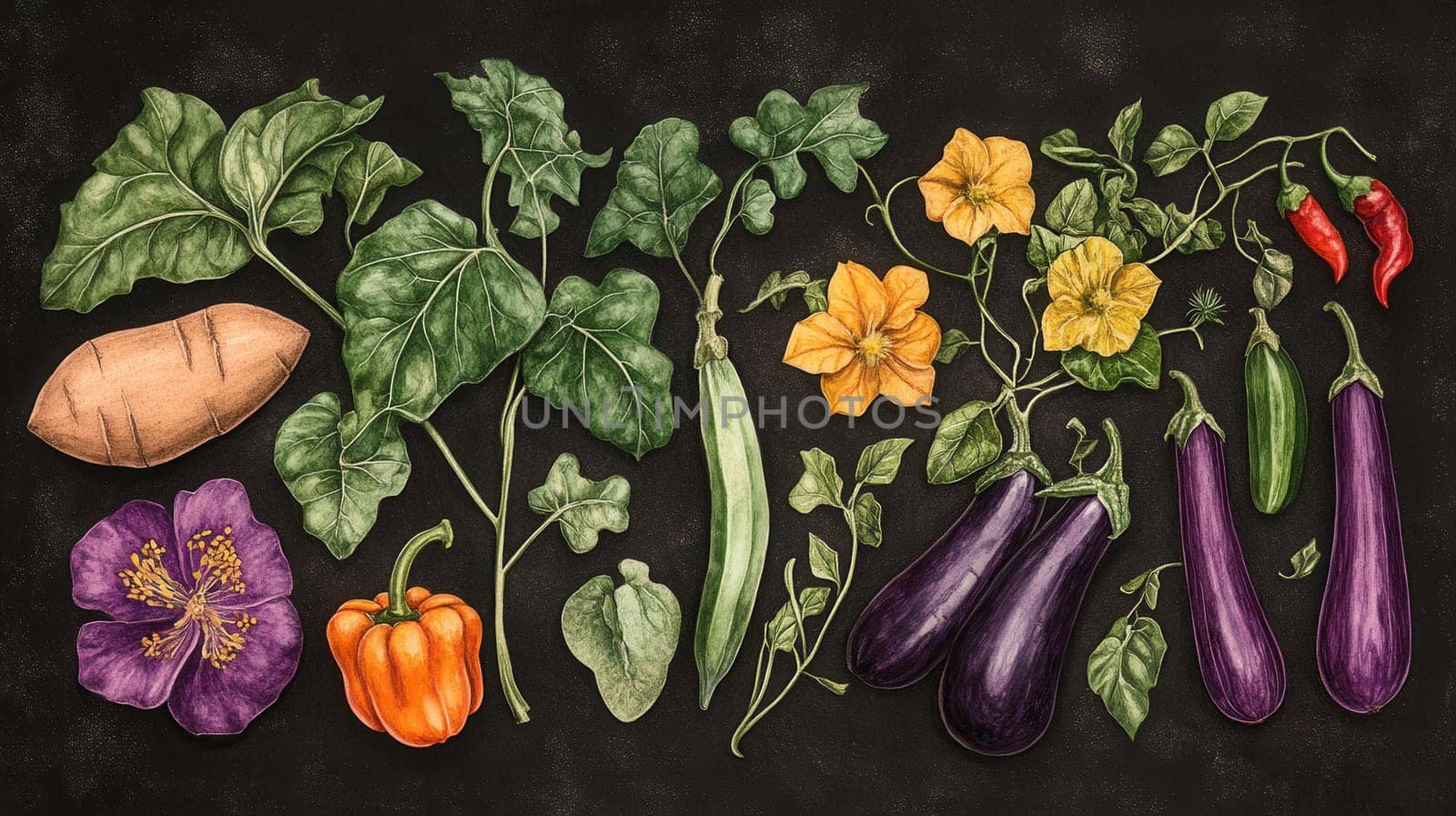 Detailed botanical drawing of vegetable harvest