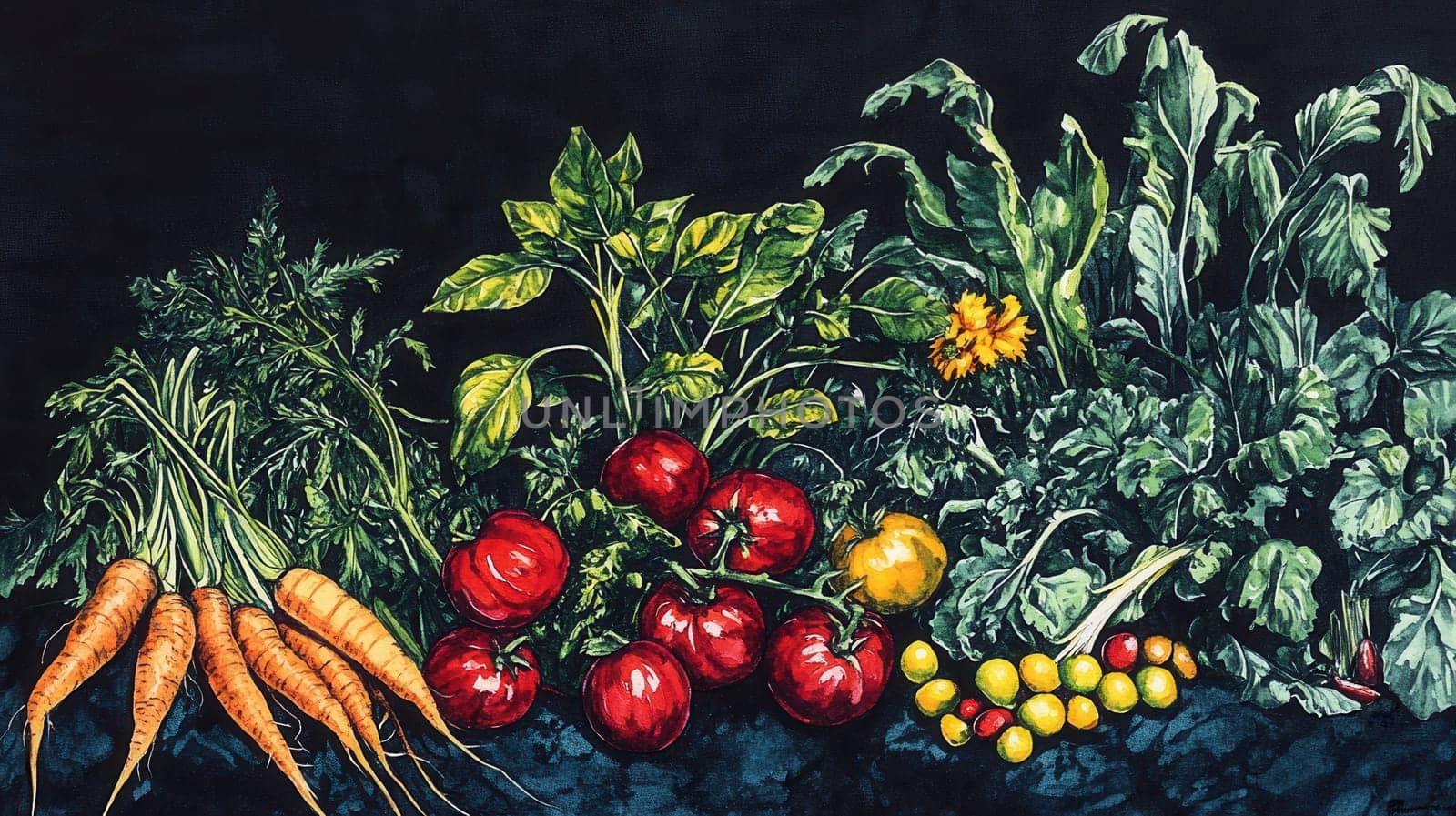 Detailed botanical drawing of vegetable harvest