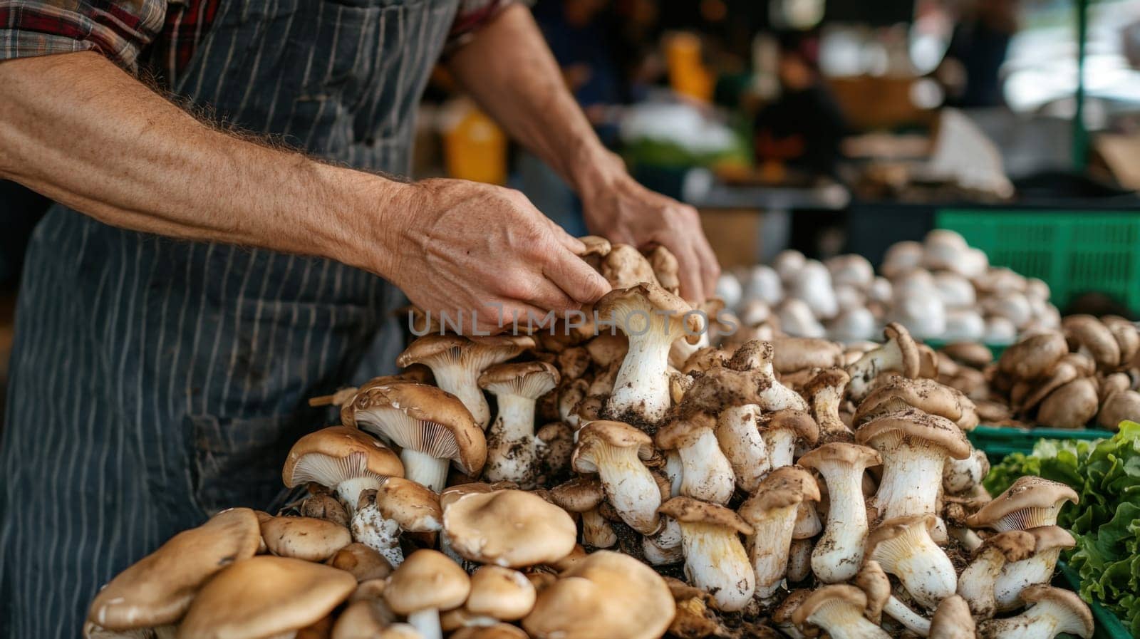 Farmers' market with mushrooms in containers