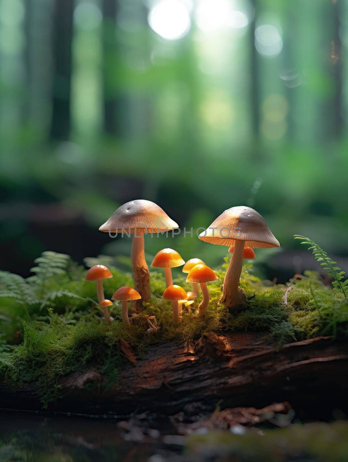A cluster of bright orange mushrooms glowing in the soft light on a mossy forest floor. A close-up of glowing mushrooms against a forest background.