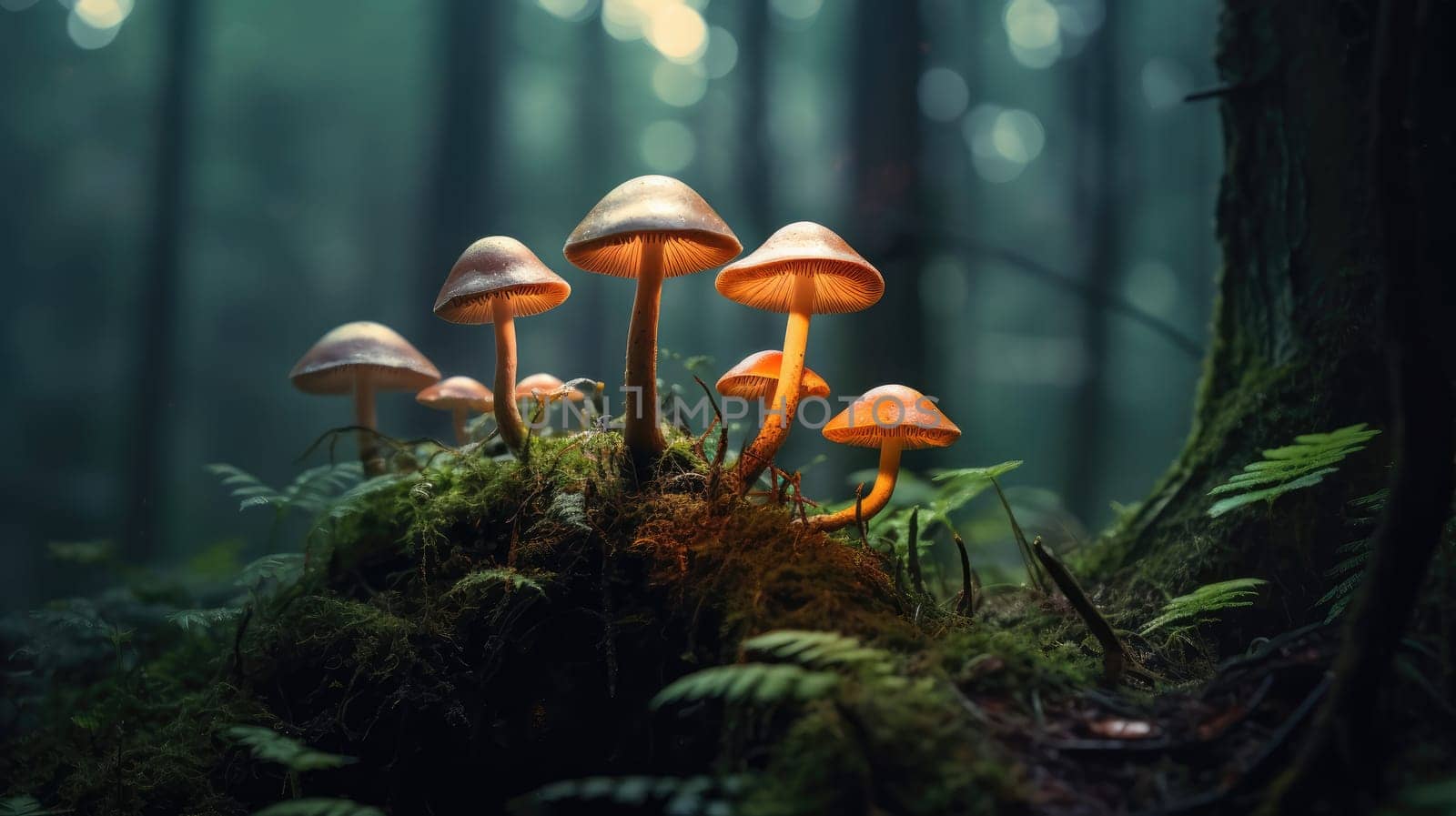 A cluster of bright orange mushrooms glowing in the soft light on a mossy forest floor. A close-up of glowing mushrooms against a forest background.
