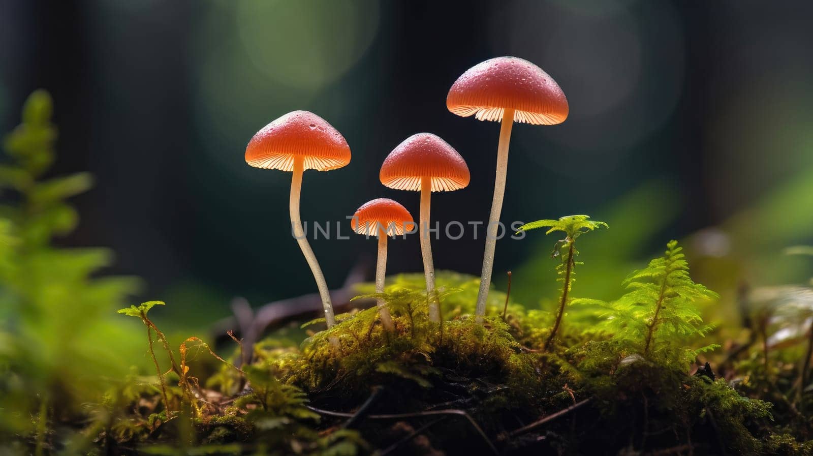 A cluster of bright orange mushrooms glowing in the soft light on a mossy forest floor. A close-up of glowing mushrooms against a forest background.
