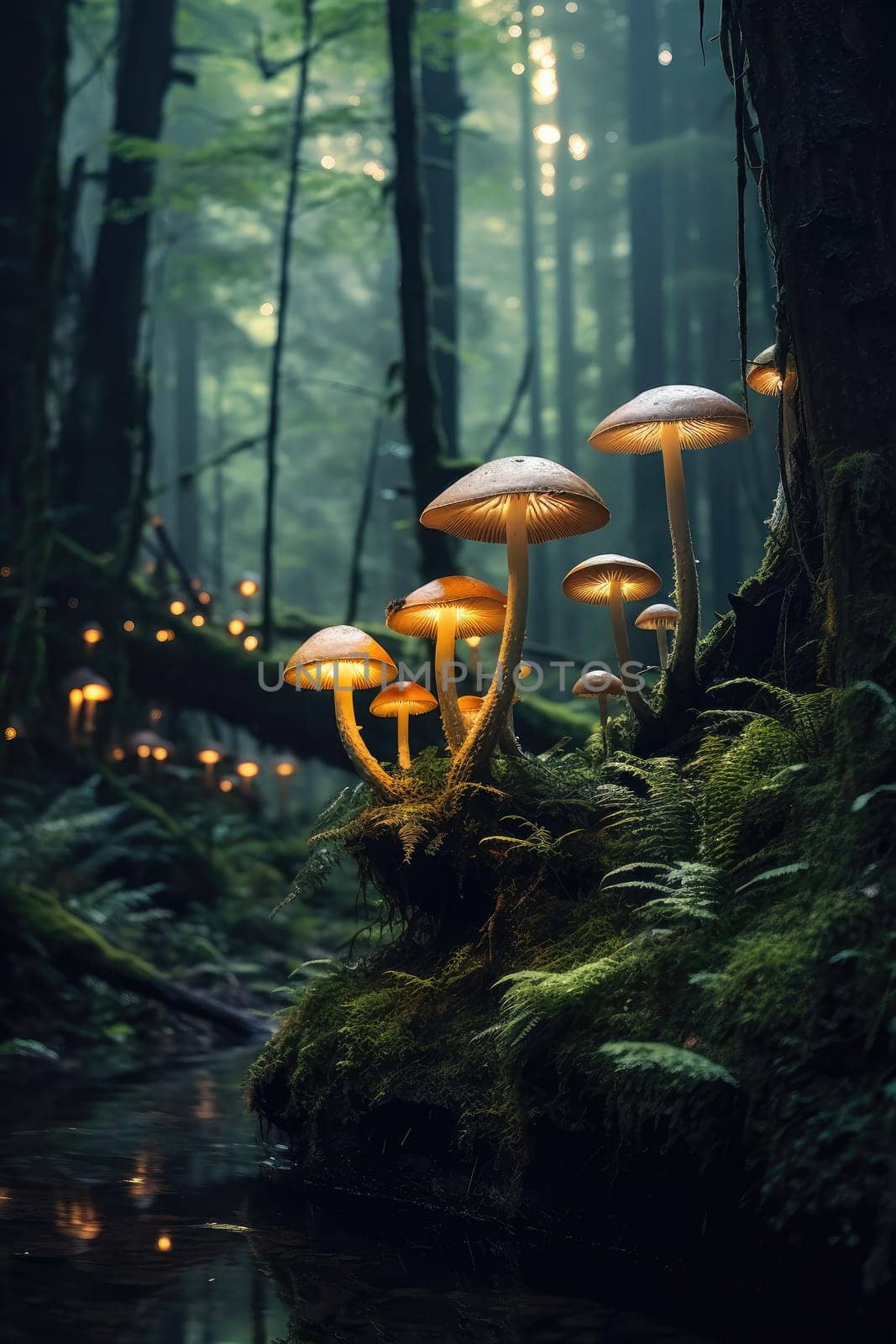 A cluster of bright orange mushrooms glowing in the soft light on a mossy forest floor. A close-up of glowing mushrooms against a forest background.