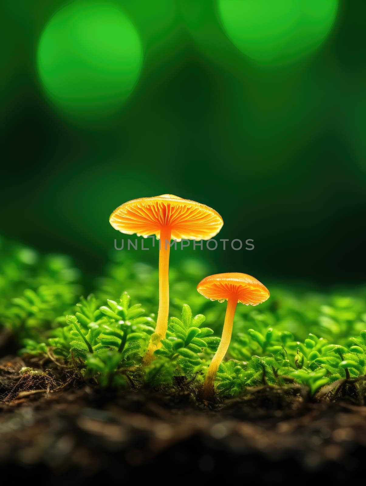 A cluster of bright orange mushrooms glowing in the soft light on a mossy forest floor. A close-up of glowing mushrooms against a forest background.