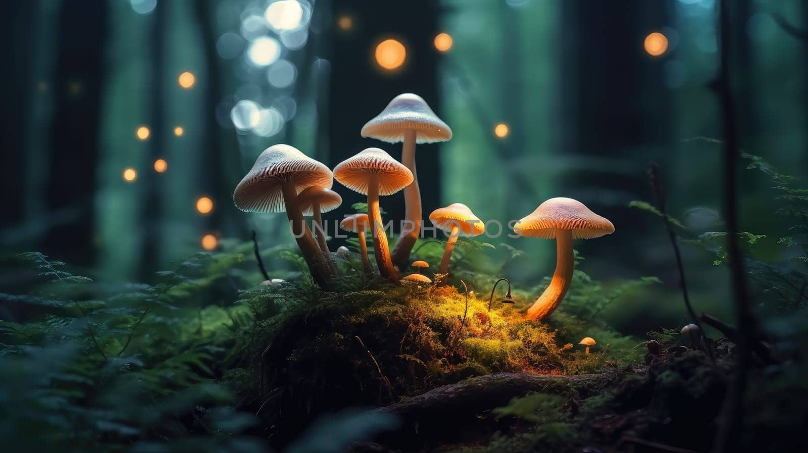 A cluster of bright orange mushrooms glowing in the soft light on a mossy forest floor. A close-up of glowing mushrooms against a forest background.