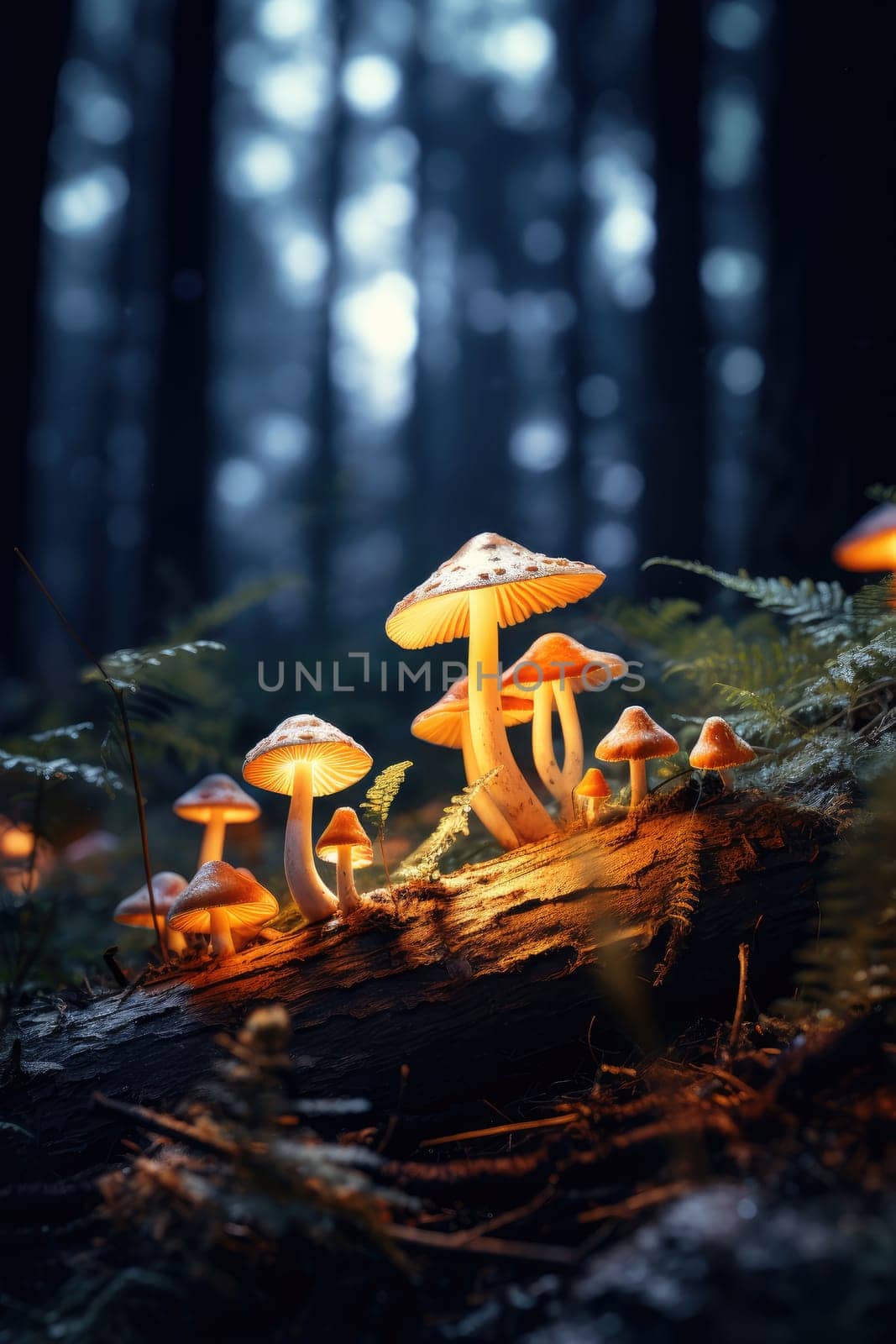 A cluster of bright orange mushrooms glowing in the soft light on a mossy forest floor. A close-up of glowing mushrooms against a forest background.
