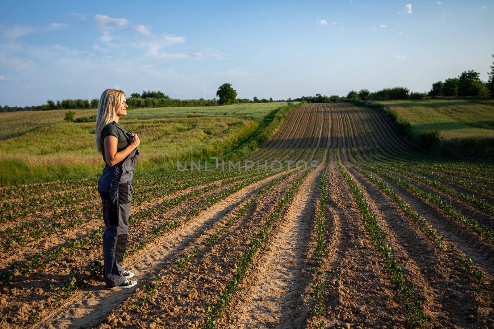 On a radiant day, a young and beautiful female farmer stands amidst a vast field, overseeing her crops with diligence. Dressed in practical work attire and sneakers, her blonde locks glistening in the sunlight, she embodies the epitome of rural vitality. With a bright smile gracing her face, she exudes confidence and joy as she surveys her agricultural domain. Each step she takes is a testament to her commitment to nurturing the land and ensuring its productivity. Against the backdrop of the expansive landscape, her presence brings a sense of harmony and purpose to the scene. As she gazes upon the flourishing crops, her connection to the earth is palpable, her hands poised to tend to any needs. This captivating image captures the essence of agricultural life, where hard work and dedication yield abundant rewards, and the beauty of nature is celebrated with every harvest