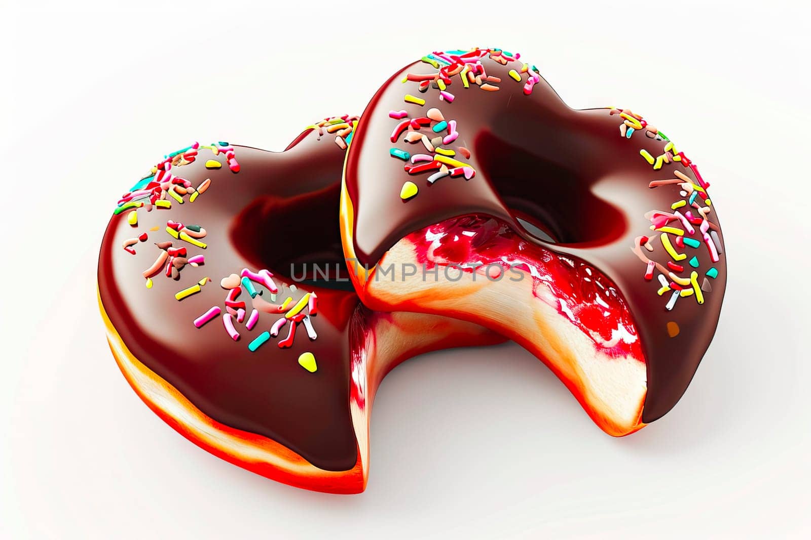 Two heart-shaped donuts, sliced to showcase cherry jam filling, topped with chocolate glaze and colorful sprinkles. A delicious treat for special occasions.