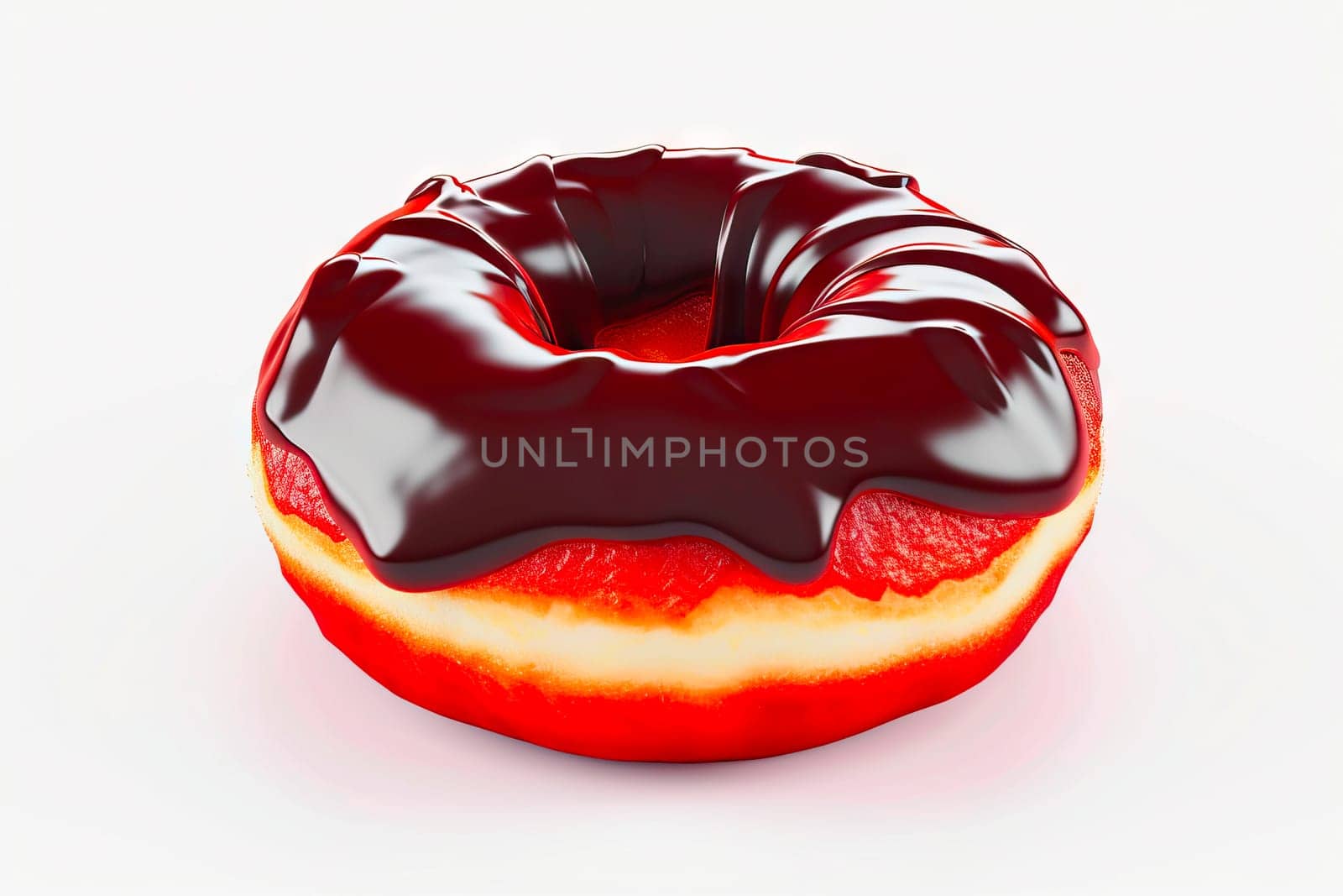 A round donut dipped in shiny chocolate glaze, with a central hole, reflecting light beautifully. An ideal treat for festive occasions and bakery displays.