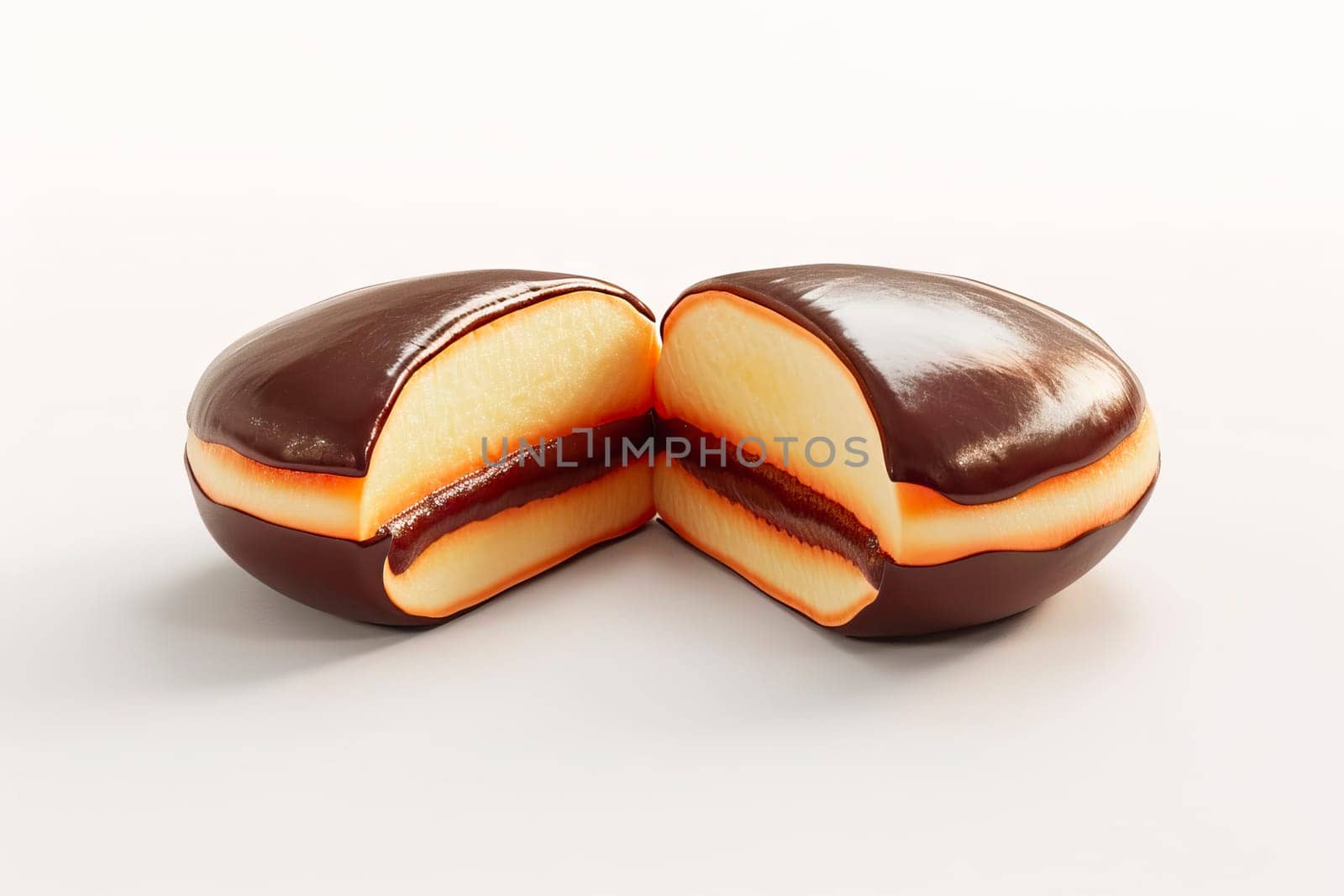 A freshly fried, slightly flattened spherical doughnut, glazed with rich brown chocolate on the top and bottom, revealing a lighter stripe of dough on the side. Sliced in half, the doughnut showcases its decadent liquid chocolate filling.