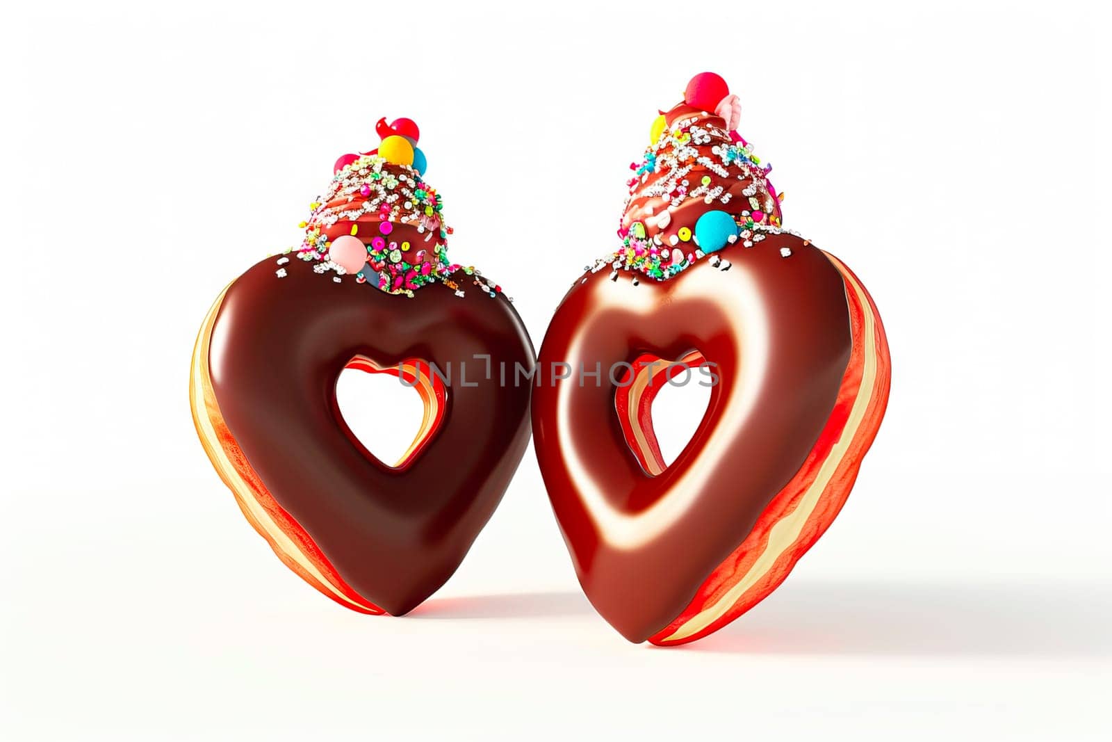 These heart-shaped donuts feature a rich chocolate glaze with vibrant sprinkles, ideal for celebrations like Valentine's Day or sweet gatherings. A delightful treat full of flavor and joy.