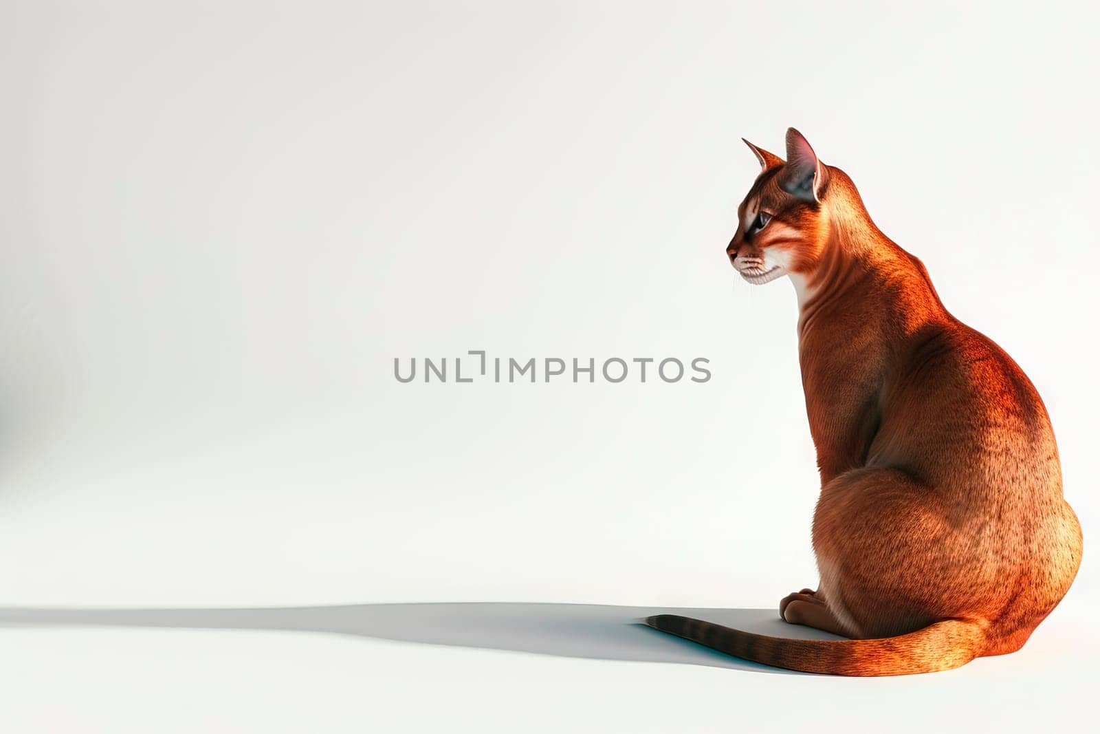 A brown and black spotted pedigree cat sits on the right side of a soft white-to-gray gradient background. Ideal for projects requiring added text or creative elements.