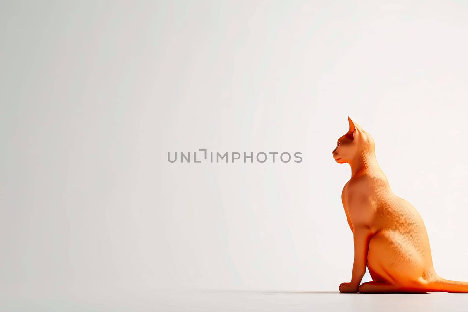 A light brown cat figurine sits on the right side of a white-to-gray gradient background. The scene is perfect for adding text or design elements.