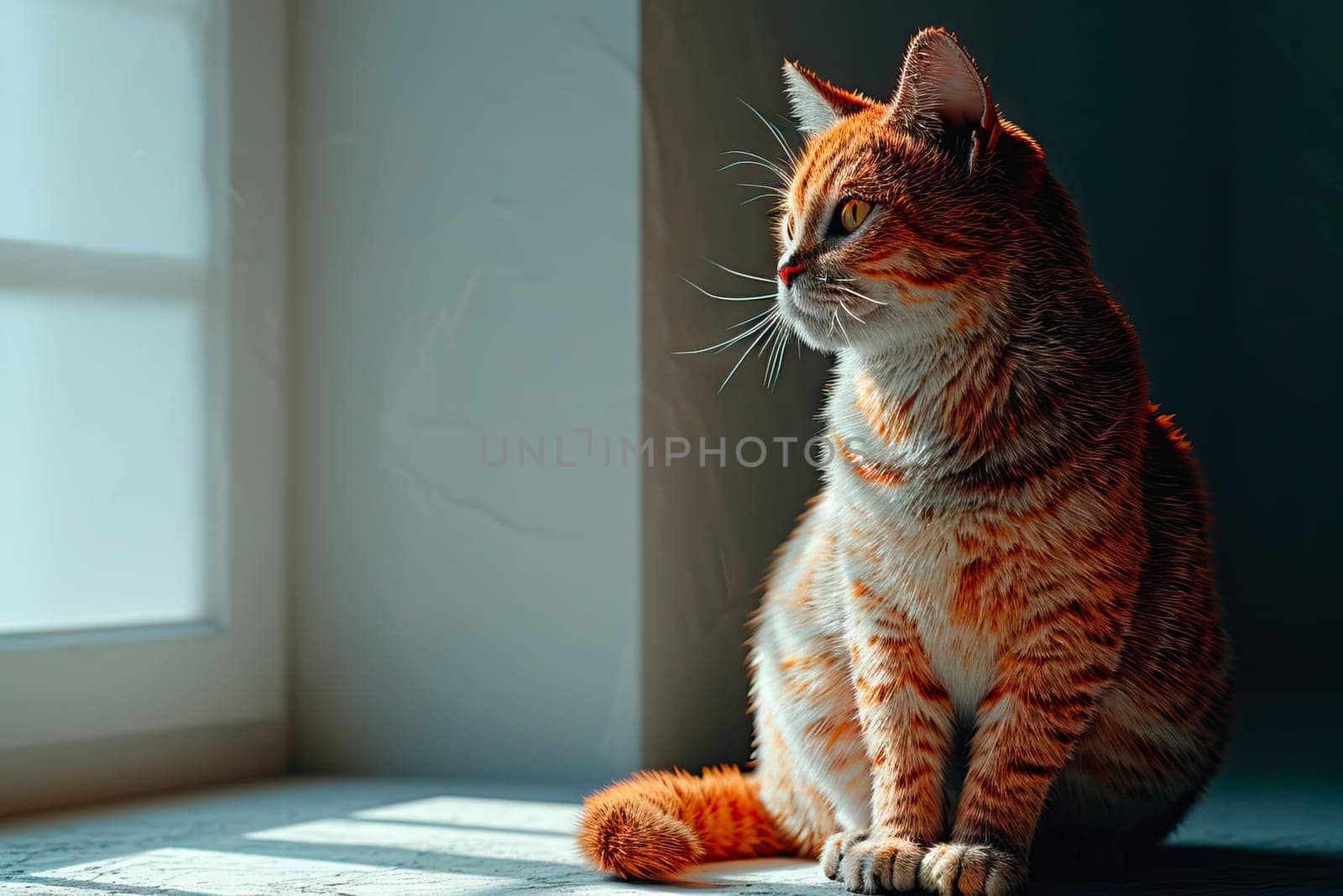A fluffy, brown, and orange cat with white accents sits by a window, illuminated by soft light in a minimalist room. The cat, with open eyes and attentive ears, watches the outside world.