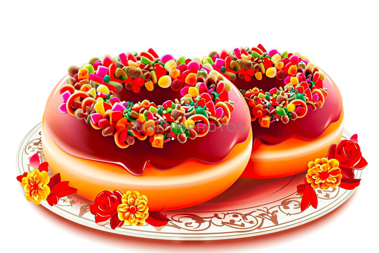 Two fresh, round doughnuts, slightly flattened with a central hole, rest on an intricately decorated plate. These doughnuts are artistically adorned with flowers and ribbons, giving a whimsical touch. The chocolate glaze on top reflects light beautifully, with colorful sprinkles adding to the festive appearance.