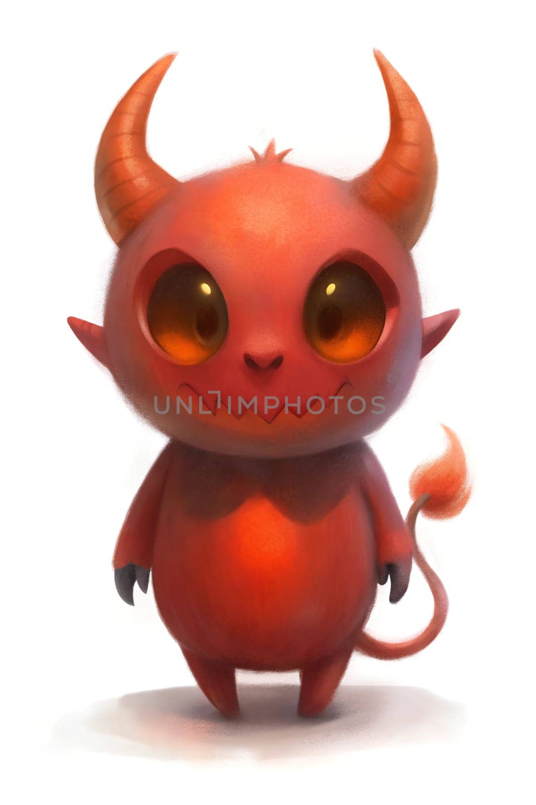 A playful red devil character with big round eyes and prominent horns stands cheerfully. Its small tail sways behind, adding to its adorable yet mischievous charm.