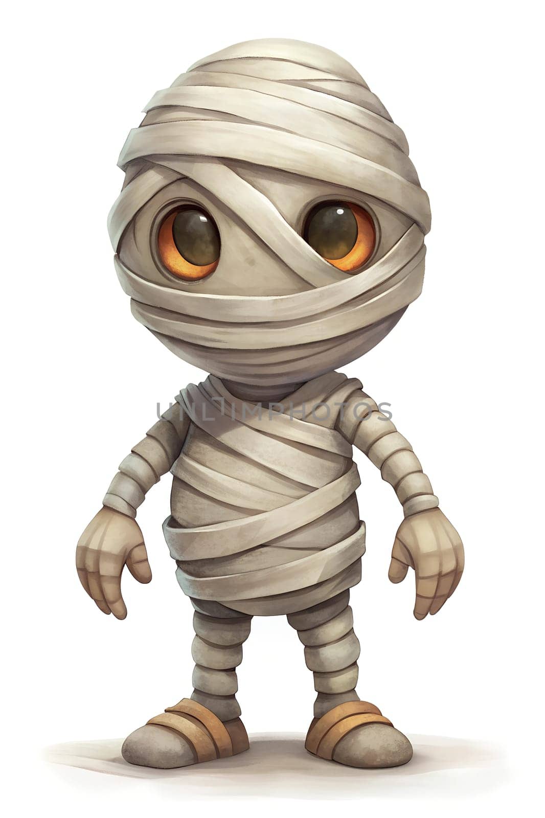 A whimsical mummy character stands confidently, wrapped in bandages, with large expressive eyes and a playful demeanor, embodying a fun and friendly spirit.