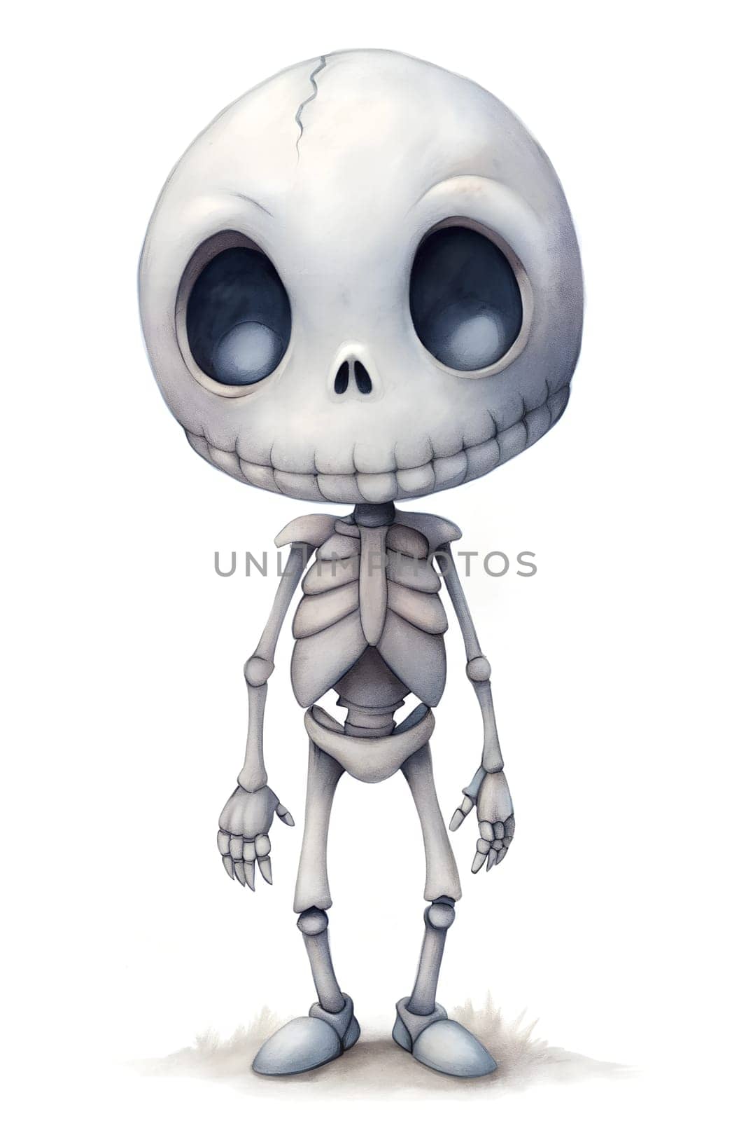 A playful cartoon skeleton stands with a friendly expression, featuring oversized eyes and a charming smile. The design highlights a fun and whimsical character perfect for all ages.