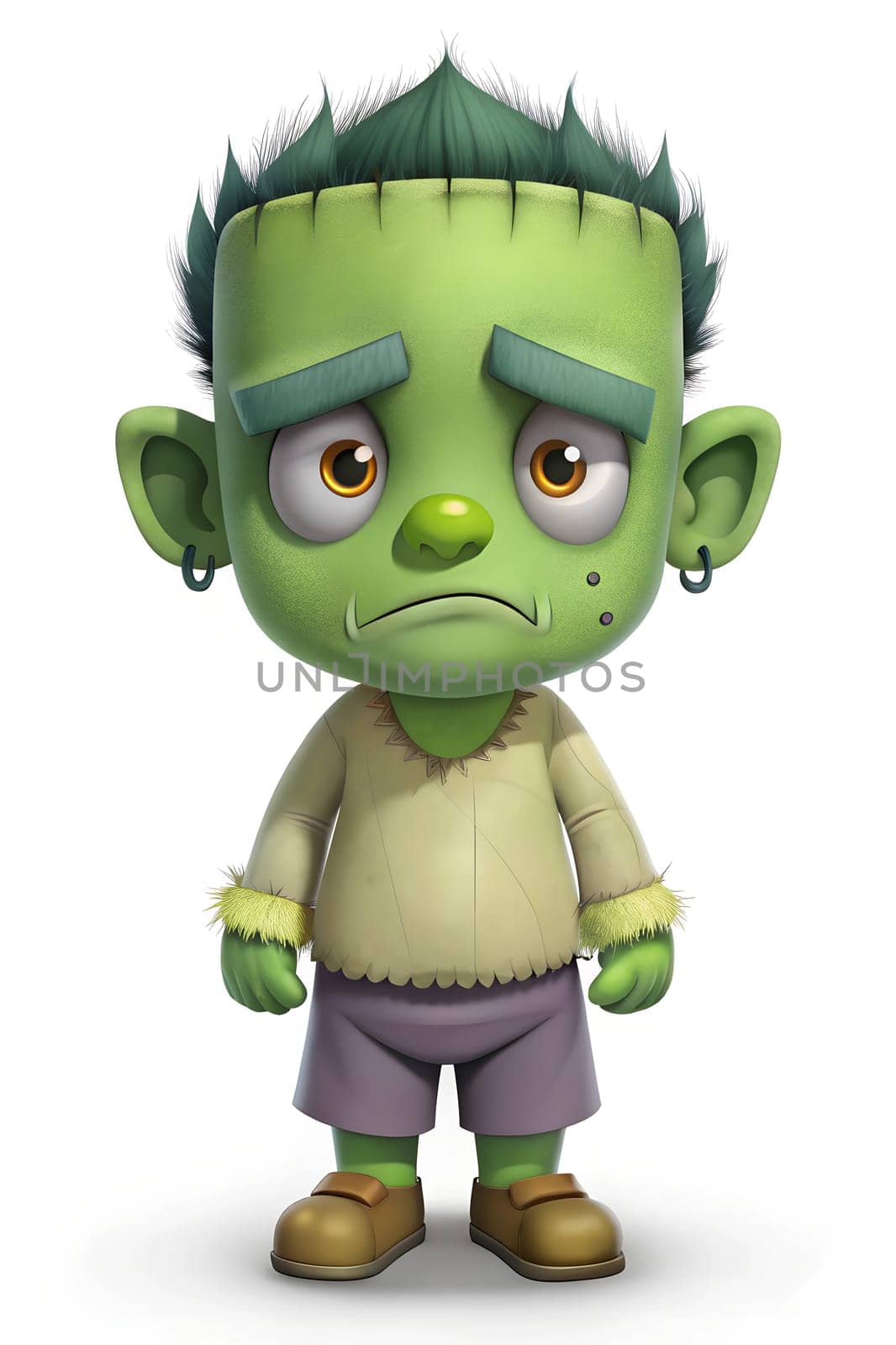 A whimsical green monster character with large ears and an expressive face stands in a playful pose, showcasing its charming personality, perfect for children's stories or cartoons.