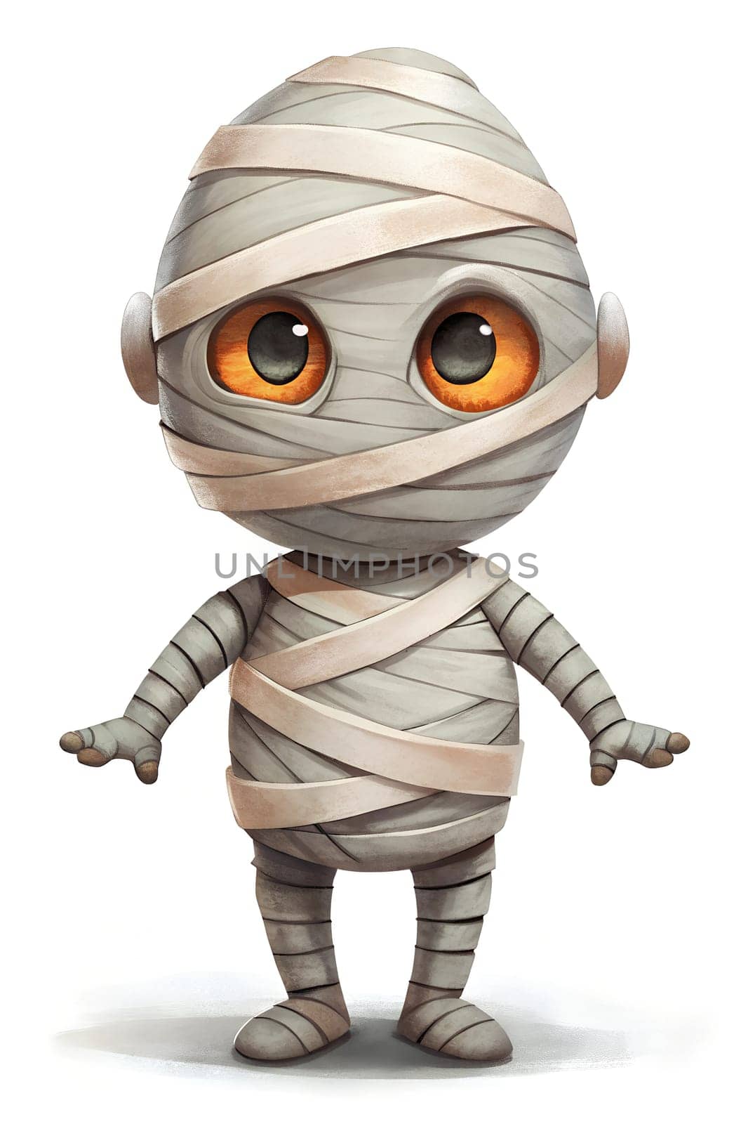 A charming cartoon mummy stands upright, wrapped in light bandages with large, expressive eyes. This whimsical design is ideal for Halloween festivities, attracting children and adults alike.