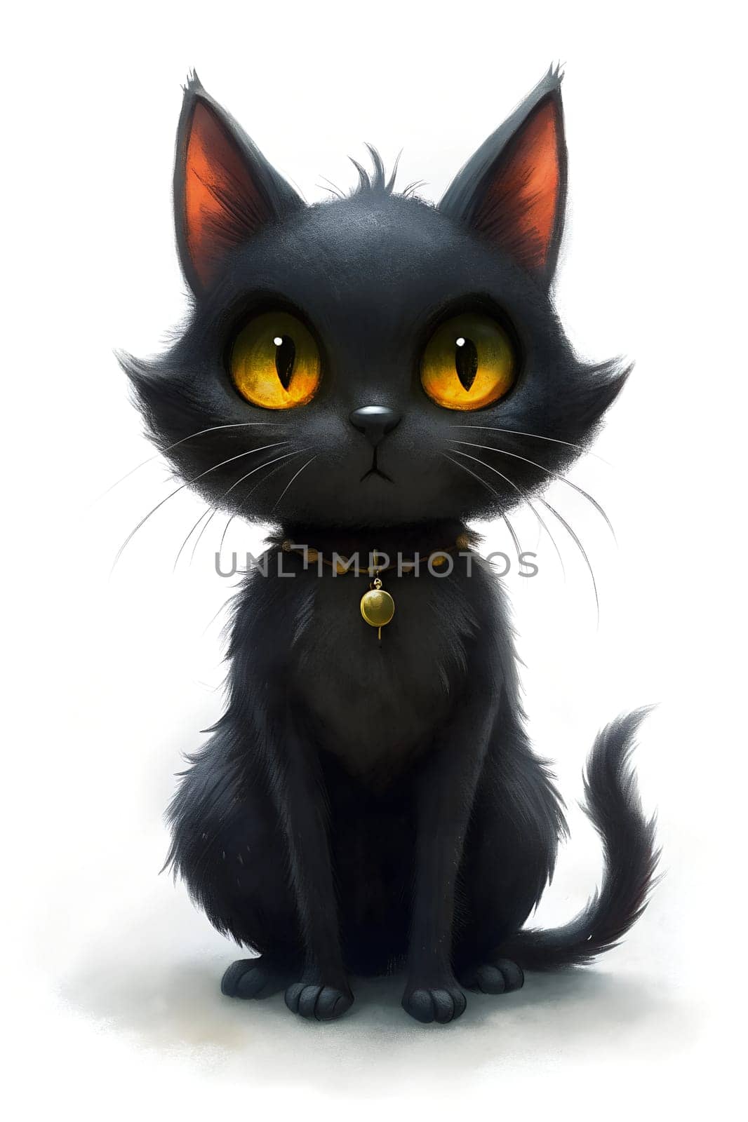 A charming black cat sits gracefully with large yellow eyes, wearing a distinctive collar. Its fur appears soft and well-groomed, adding to its playful demeanor in a simple background.
