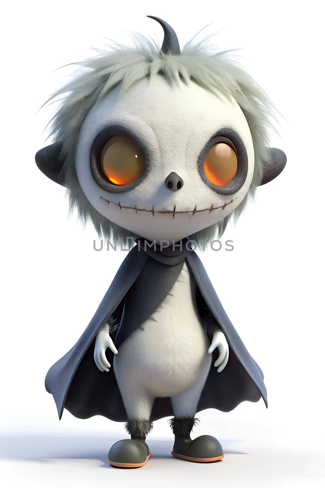 A charming, cartoon-like character featuring gray fur, oversized eyes, and a playful expression, dressed in a dark cloak and set against a neutral backdrop.