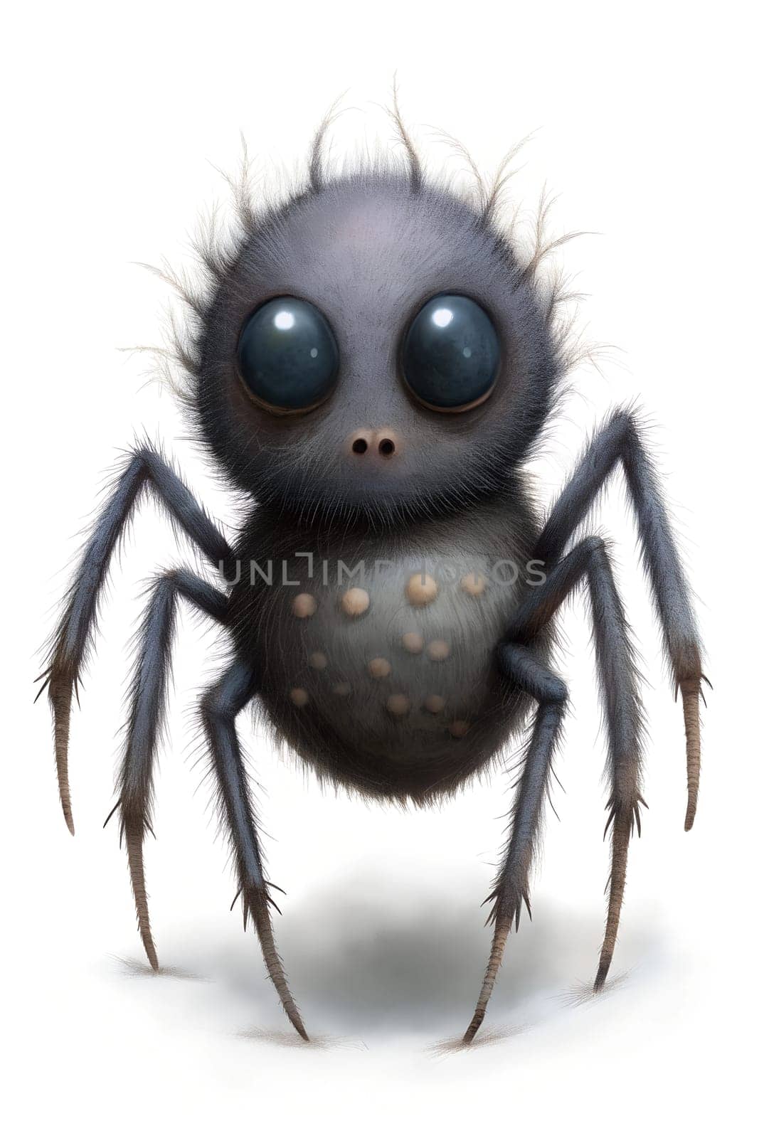 A whimsical spider with large, expressive eyes and a fuzzy body stands out against a plain white background, emphasizing its adorable and unconventional appearance.