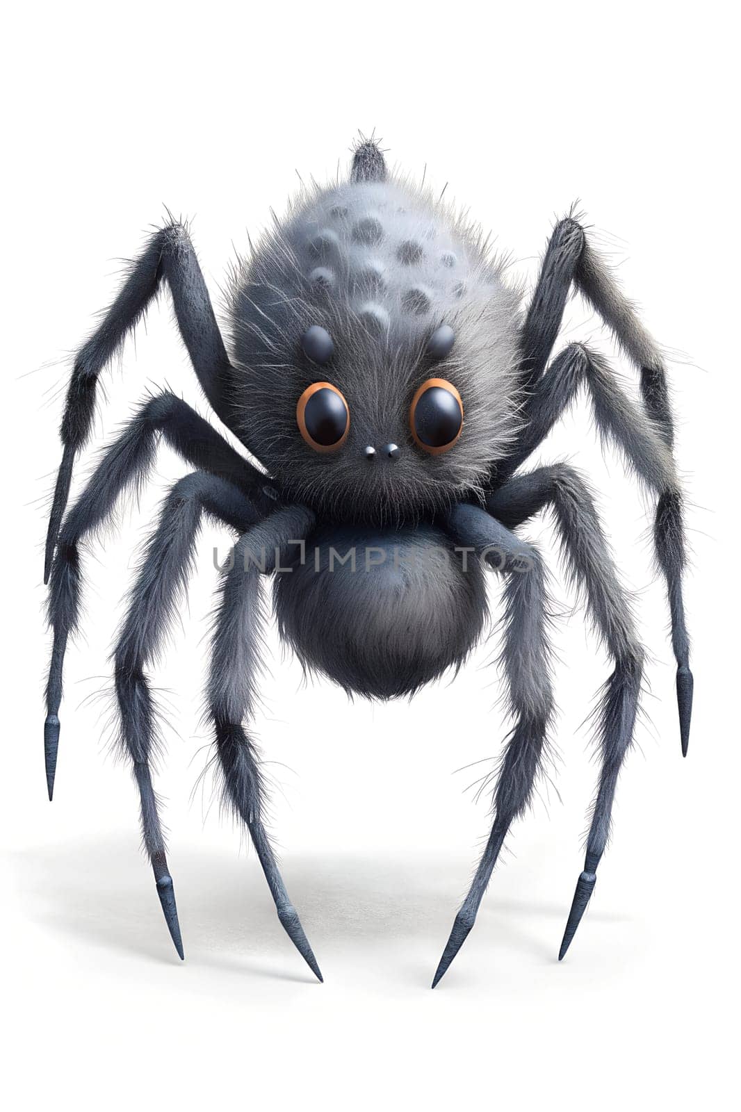 This cartoon character features a furry spider with soft, rounded shapes and oversized eyes, giving it an adorable and friendly appearance, perfect for children's themes.