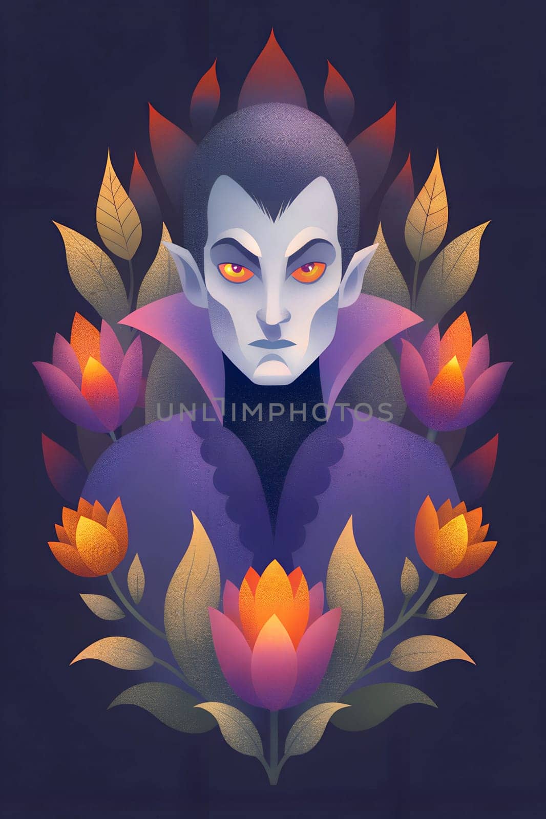 A captivating figure stands out with striking features and glowing eyes, surrounded by colorful flowers and leaves, creating a blend of beauty and darkness.