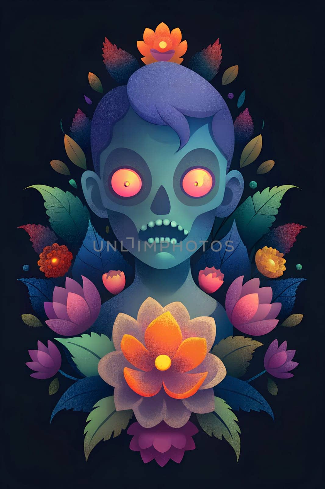 This artwork depicts a blue-skinned skeleton with wide, glowing eyes, framed by a variety of colorful flowers and leaves, creating a whimsical atmosphere.