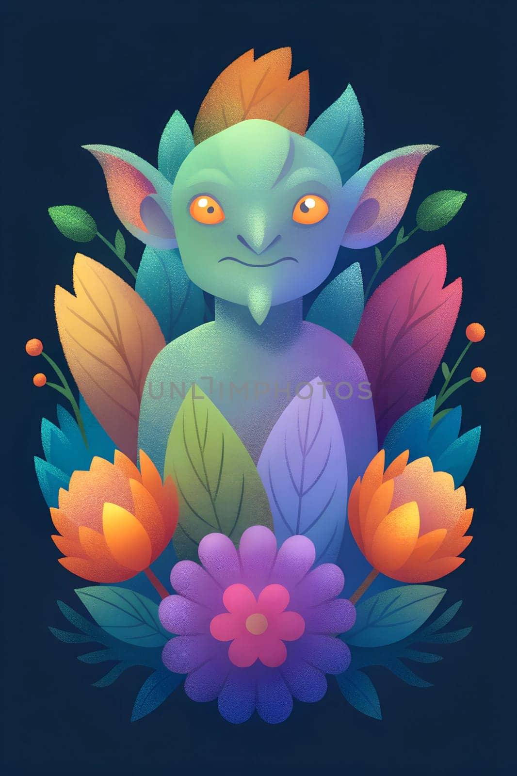 A fantastical creature with large ears and bright eyes stands amidst an array of colorful flowers and lush greenery, creating a magical atmosphere.