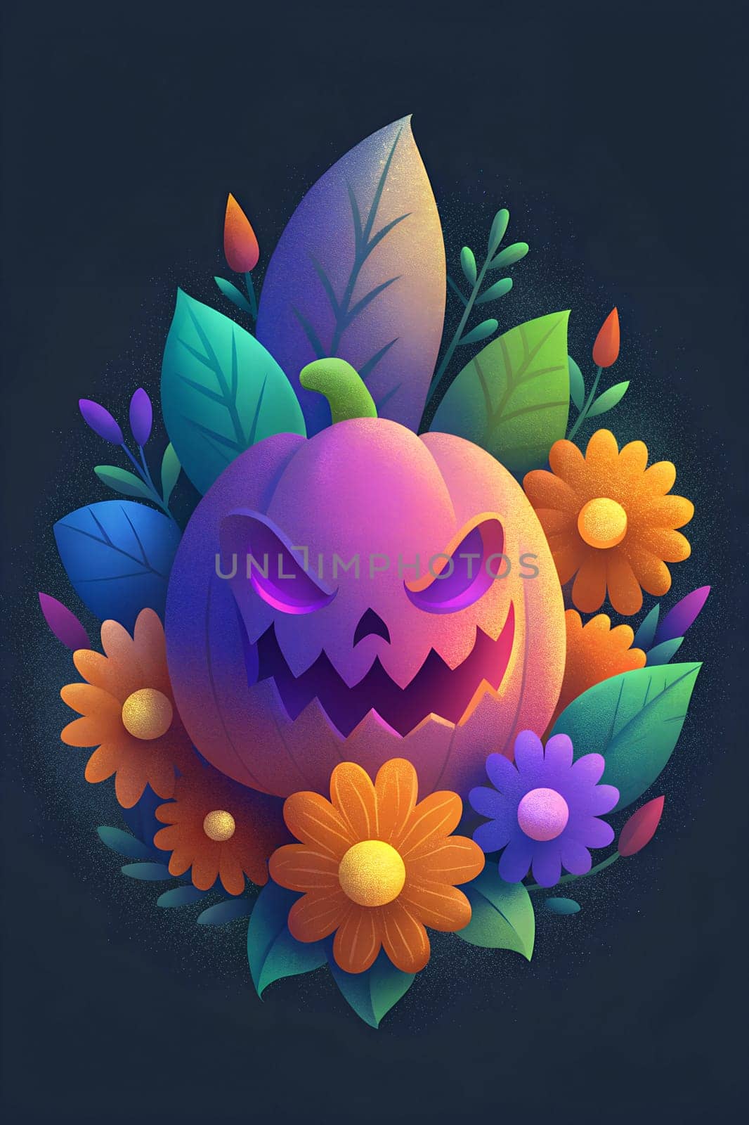 A spooky pumpkin with a mischievous grin sits amidst colorful flowers and lush leaves, creating a cheerful yet eerie atmosphere perfect for Halloween festivities.
