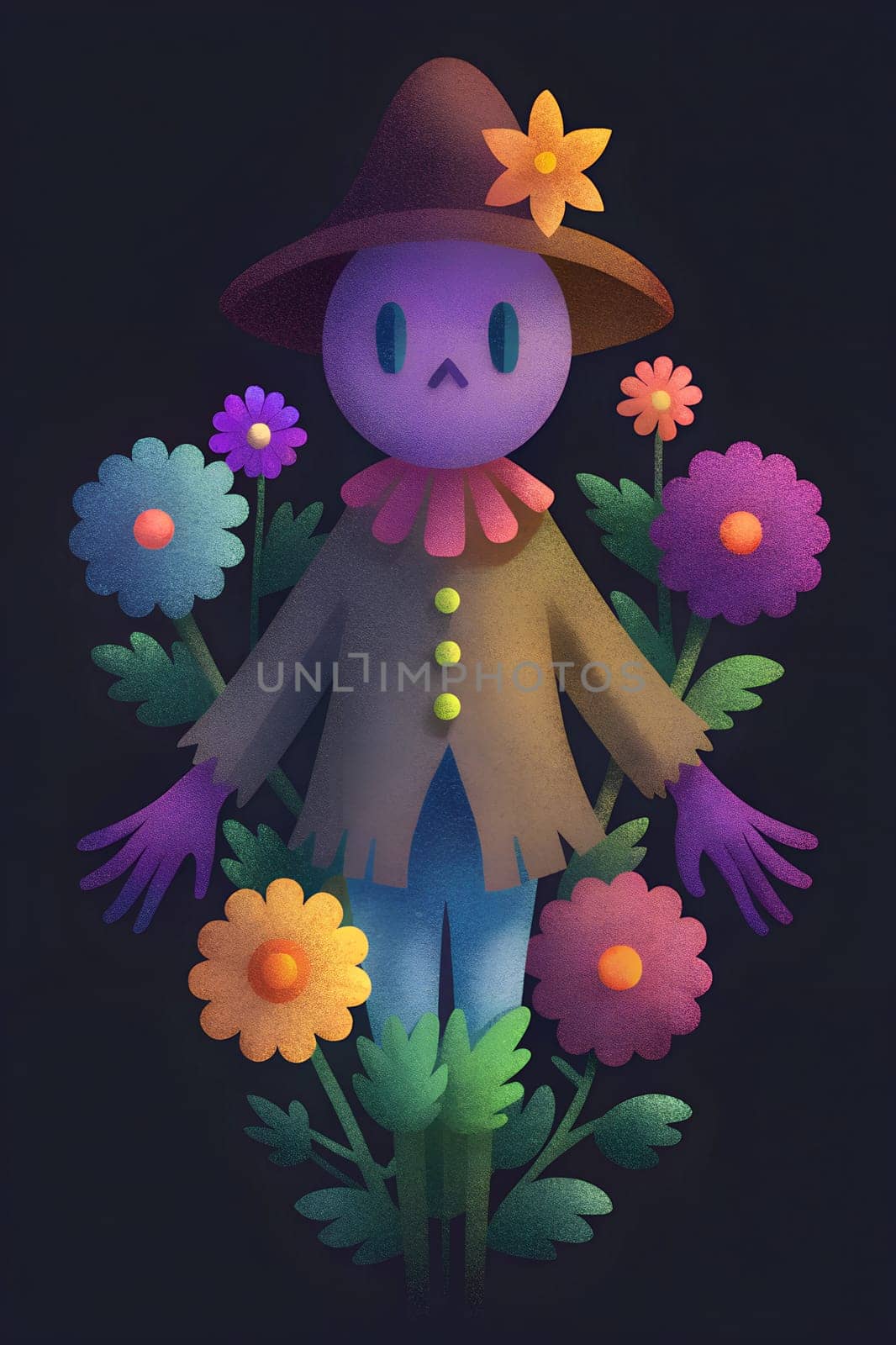 A cheerful scarecrow stands in a garden filled with colorful flowers, adorned with a hat and flower, creating a whimsical and inviting atmosphere at dusk.