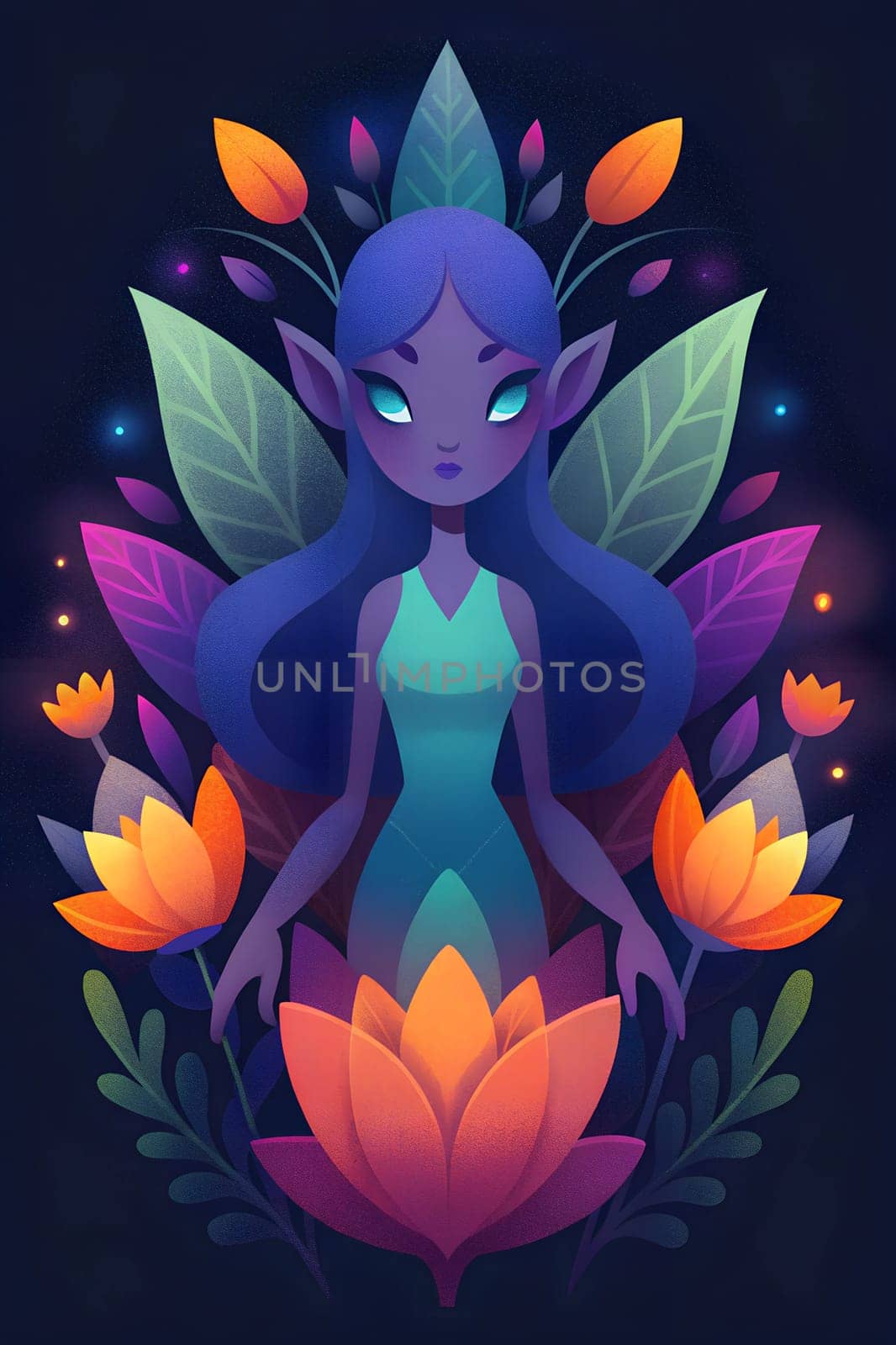 A captivating elf stands gracefully, adorned by vivid flowers and lush foliage. The scene radiates a magical ambiance with colorful glowing elements.
