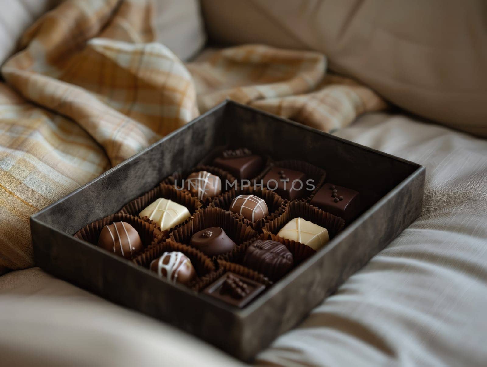 A selection of elegant chocolates neatly arranged in a box lies on a soft, plaid blanket. The warm colors and cozy atmosphere create a comforting vibe perfect for indulgence.