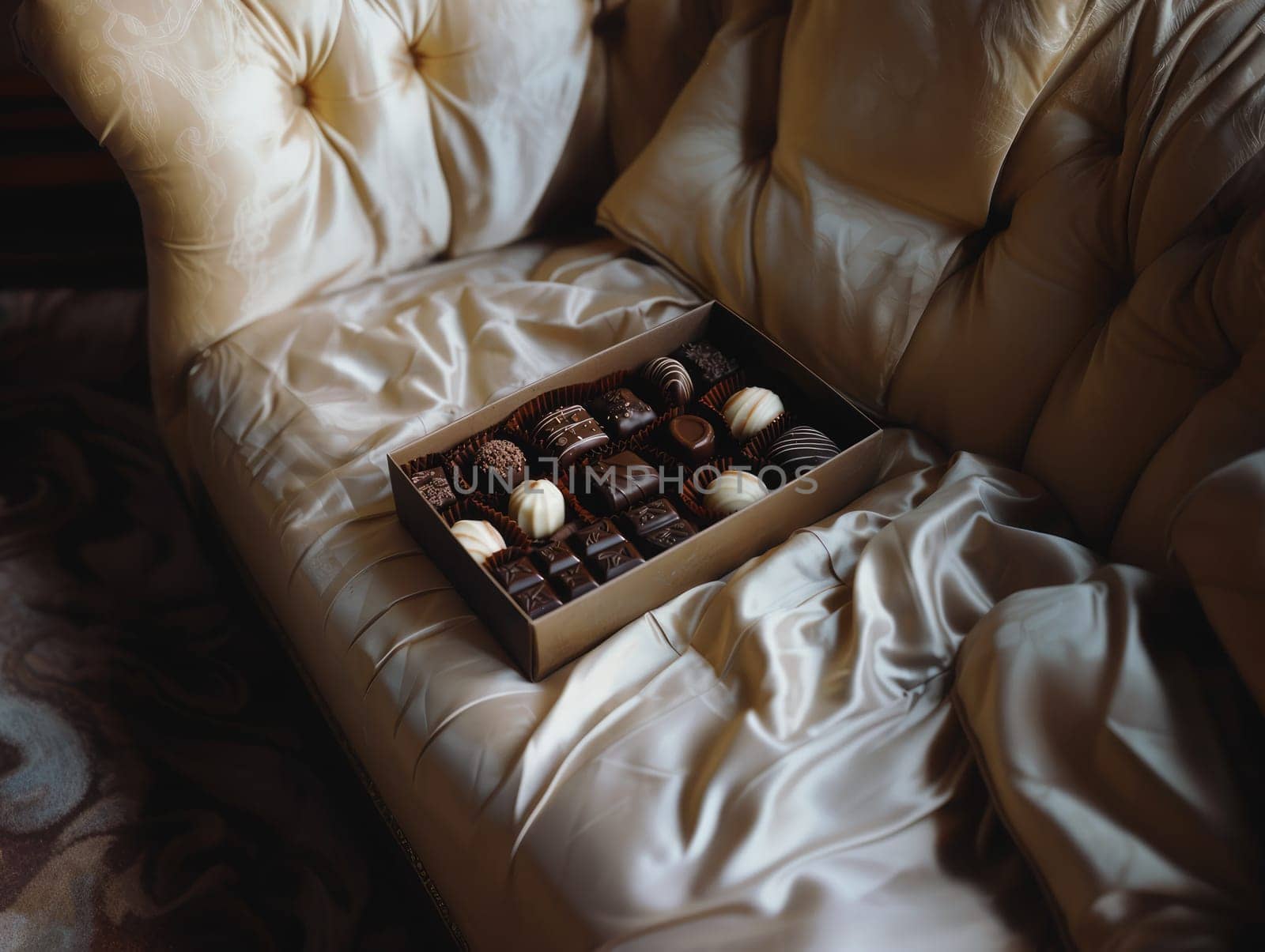 A luxurious box filled with assorted chocolates is placed on a velvet couch, illuminated by soft afternoon light, creating a warm and inviting atmosphere.