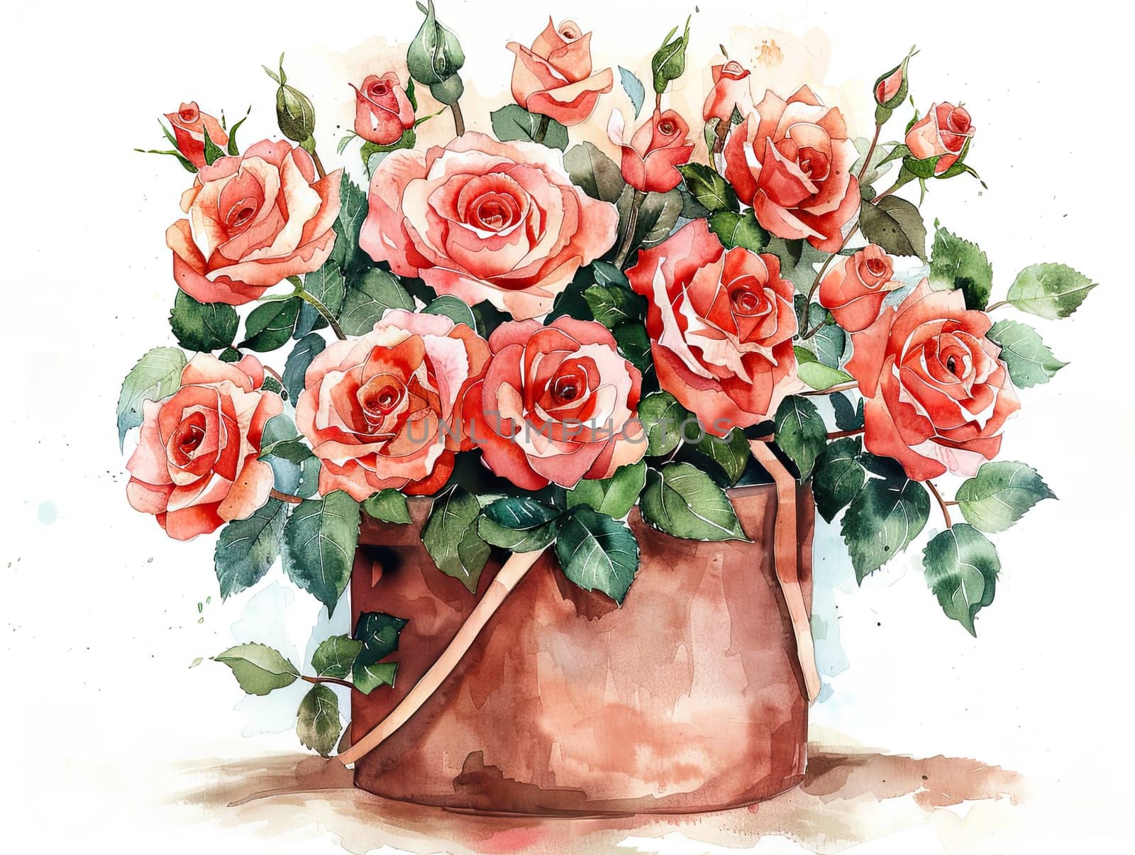 A vibrant arrangement of pink roses in a rustic brown vase surrounded by lush green leaves showcases the beauty of springtime flowers and adds a touch of elegance to any decor.