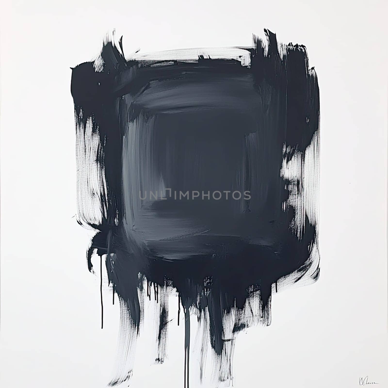 This artwork features a stark black square created with dynamic brush strokes against a white background, embodying minimalist design and contemporary art movement.