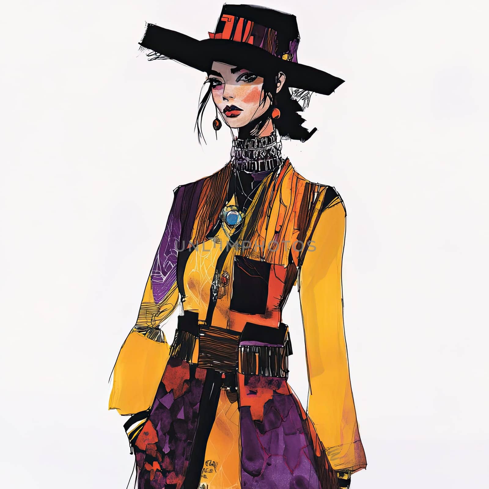 A stylish woman stands confidently wearing a colorful outfit, complete with a wide-brimmed hat and bold accessories, exuding a unique fashion sense and artistic expression.