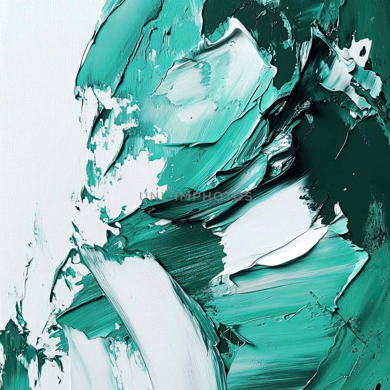 This captivating artwork presents dynamic swirls of teal and white paint, blending harmoniously to create an abstract expression of creativity and emotion in an artist's workspace.