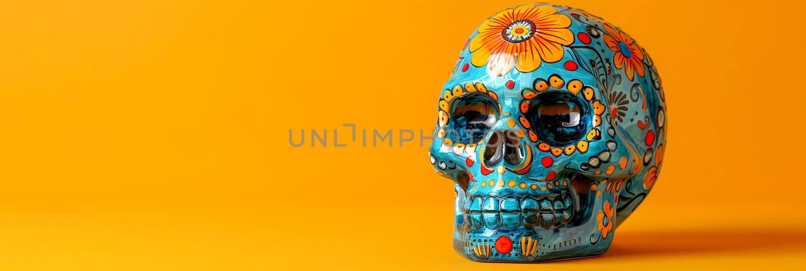 Traditional sugar skull Calavera, decorated with flowers, on the Day of the Dead on a yellow background. Banner.
