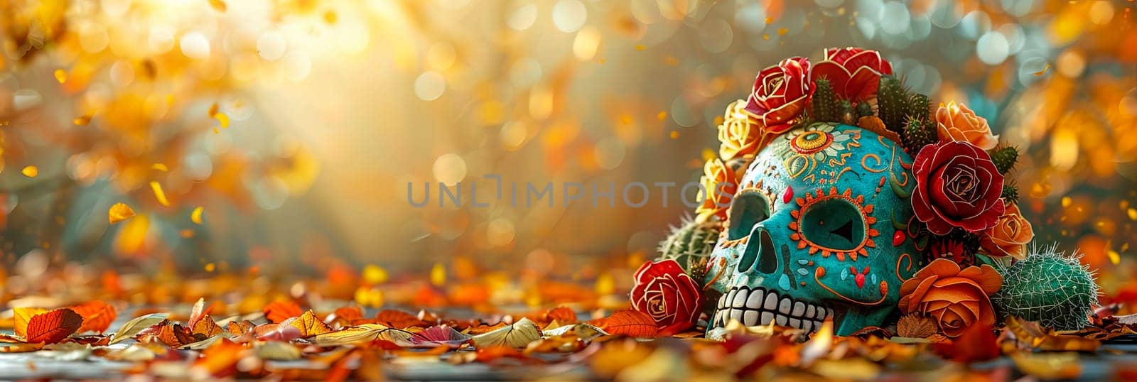 Traditional sugar skull Calavera, decorated with flowers, on the Day of the Dead on a yellow background. Banner.