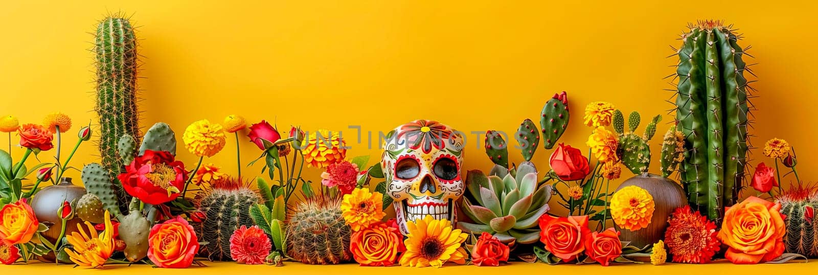 Traditional sugar skull Calavera, decorated with flowers, on the Day of the Dead on a yellow background. Banner.