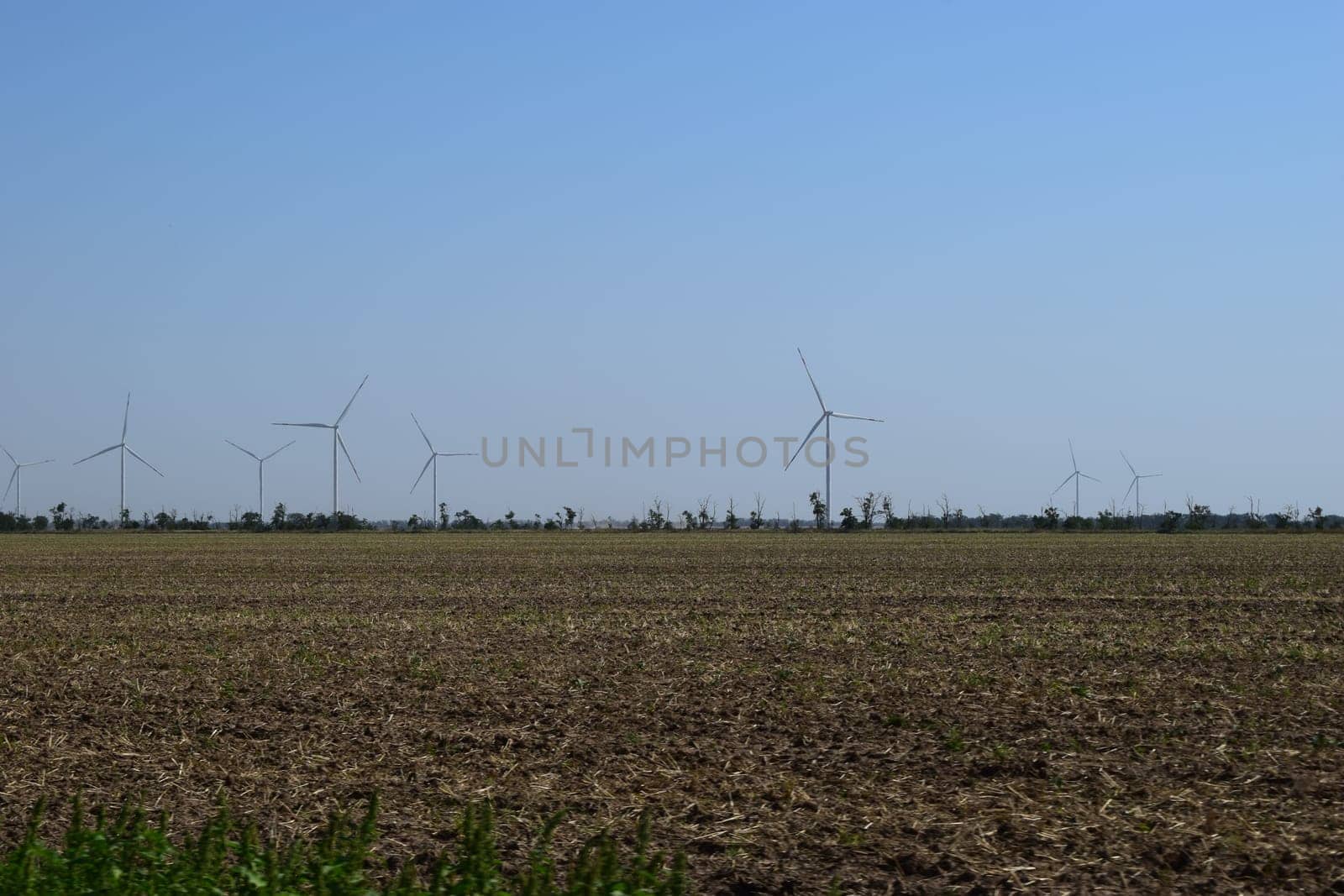 A field of windmills spin in front of a colorful evening sky. A wind turbine is used to produce electricity. Wind energy is the use of wind for electrical power. It's a sustainable, renewable energy