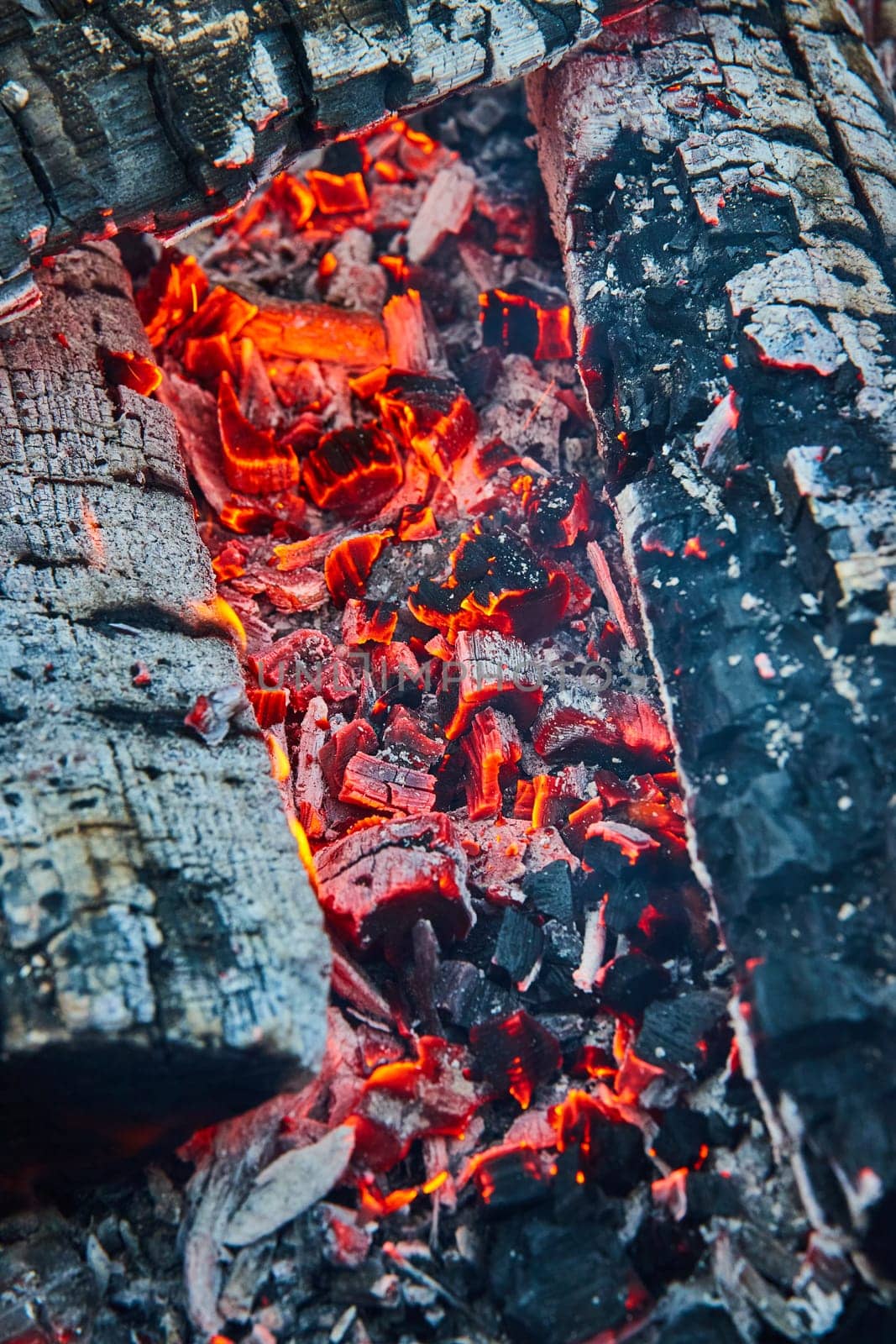 Image of Close up of glowing red embers wedged between three blackened logs background asset