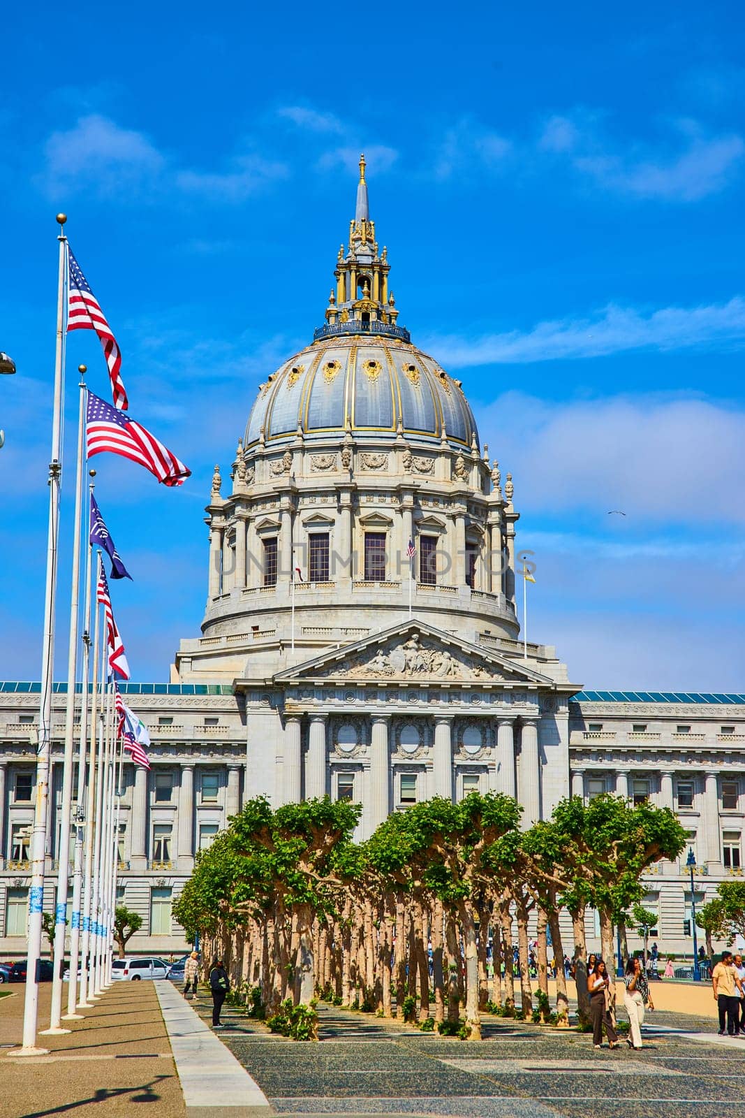 Image of Flags blowing in wind in front of city hall on bright summer day with blue sky and purple clouds